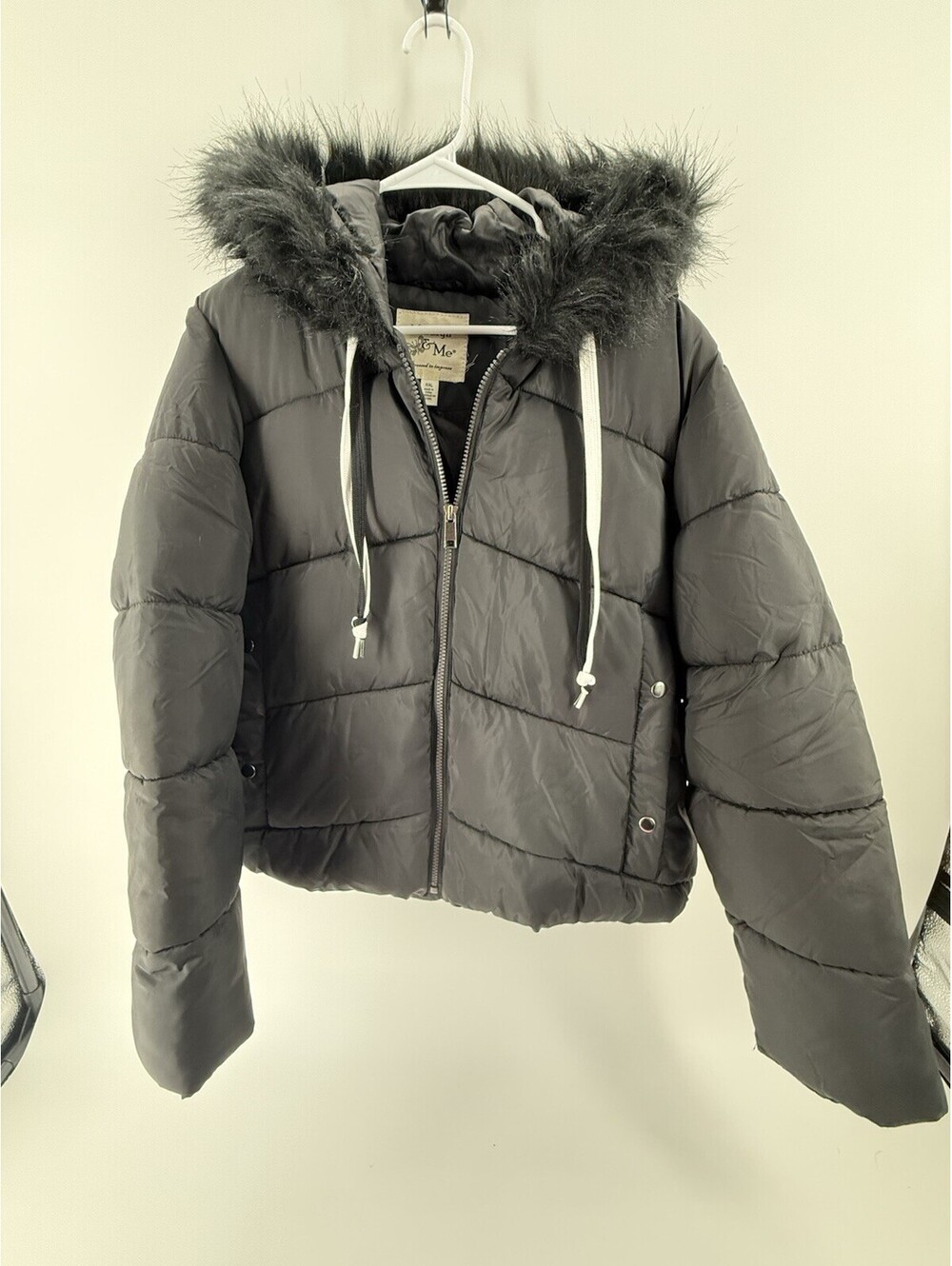 Maralyn & Me Faux-Fur-Trim Hooded Puffer Coat Black Zip Long Sleeves XXL